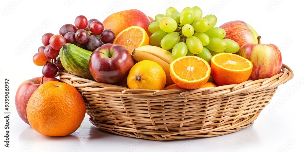 Wicker Basket of Fresh Fruit, Isolated on White Background, Red Grapes, Green Grapes, Apples, Oranges, Wicker Basket Wicker Basket of Fresh Fruit, Isolated on White Background, Red Grapes, Green Grapes, Apples, Oranges, Wicker Basket