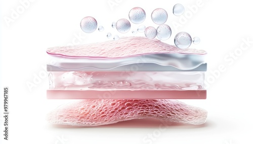 3D illustration of skincare product layers with moisturizing bubbles and pink texture, representing deep skin hydration and treatment.