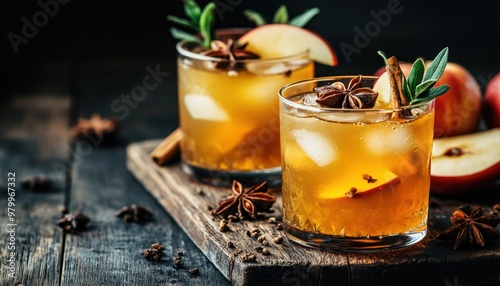 Autumn cocktails with maple syrup apple cider and spices on dark wood background