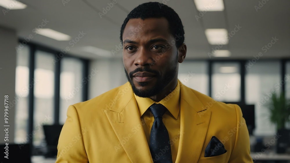 Fototapeta premium adult black hair african man in yellow formal attire model portrait looking confident on an office background for ad concept space for text