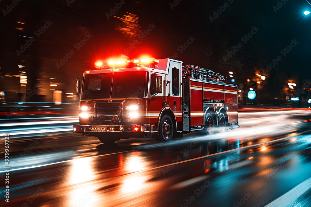 Fire truck speeding to an emergency with lights flashing Fire truck speeding to an emergency with lights flashing