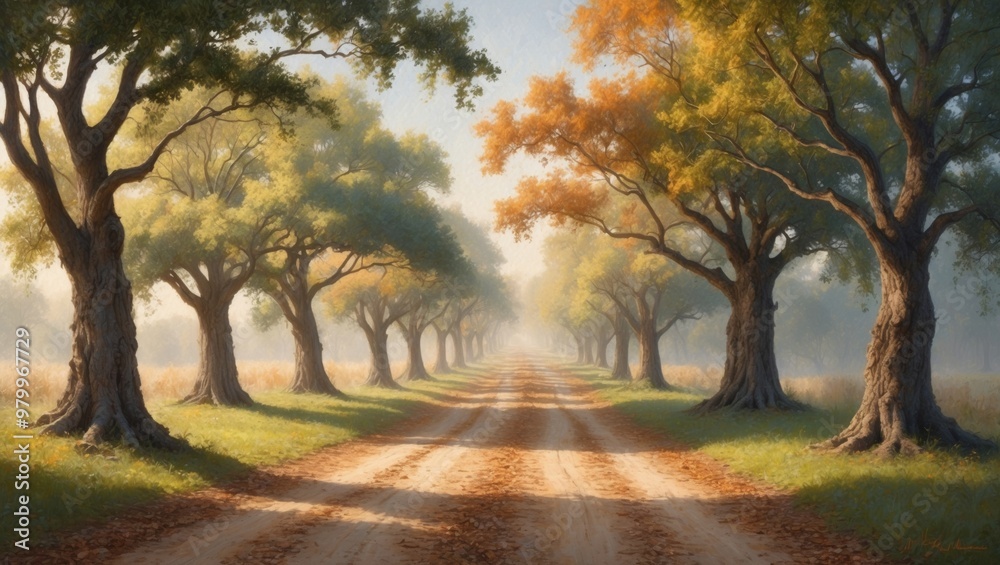 A tranquil tree-lined dirt road bathed in soft sunlight A tranquil tree-lined dirt road bathed in soft sunlight