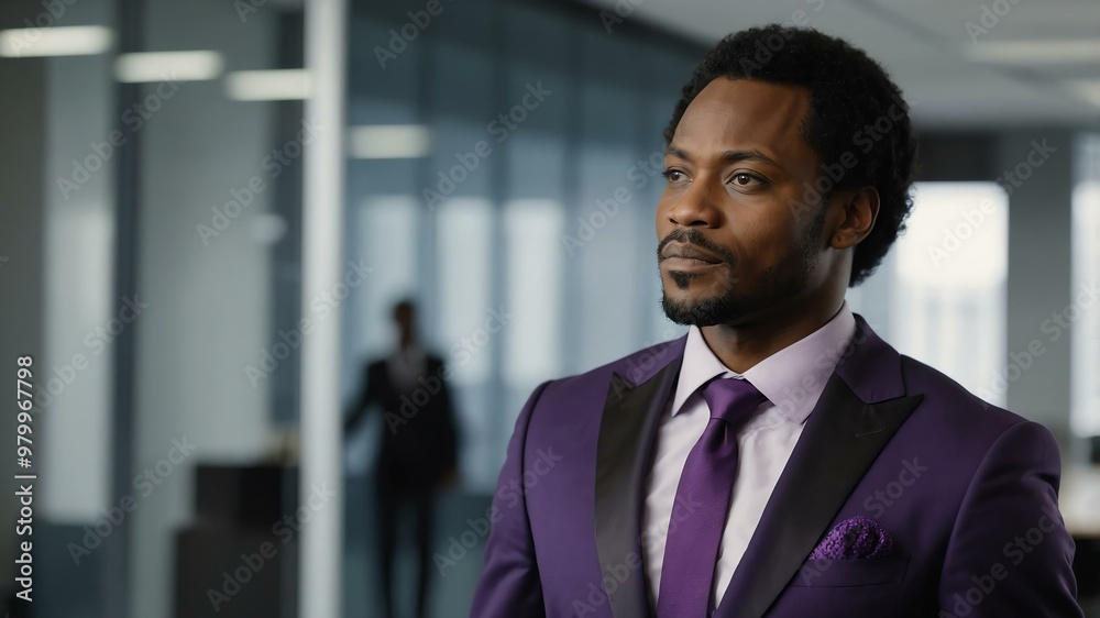 Fototapeta premium adult black hair african man in purple formal attire model portrait looking confident on an office background for ad concept space for text
