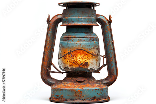  A close-up of a rusty old lantern, showcasing its weathered metal and faded glass, evoking a sense of nostalgia and history.
 photo