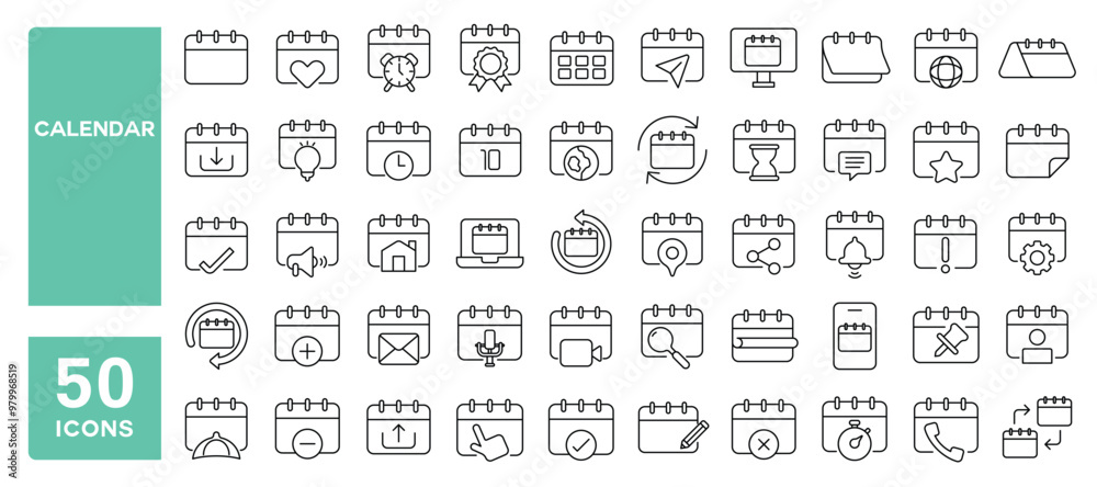 Set of 50 line icons related to calendar, appointment, schedule, event ...