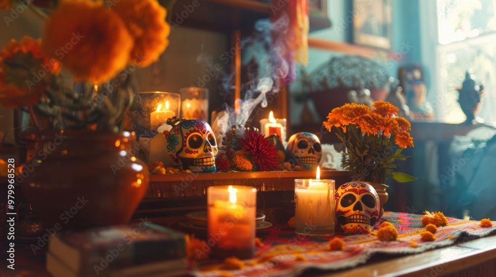Obraz premium Traditional Día de los Muertos Ofrenda with Colorful Sugar Skulls and Marigolds in Cozy Living Room