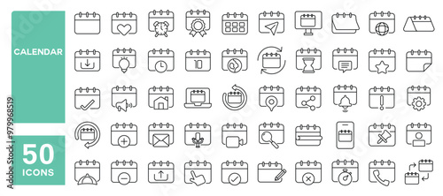 Set of 50 line icons related to calendar, appointment, schedule, event, organizer, timetable, time, meeting, date, day, week, month, year, Editable stroke. Vector illustration