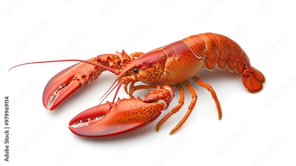 A vibrant red lobster with detailed shell textures, isolated against a pure white background. A vibrant red lobster with detailed shell textures, isolated against a pure white background.