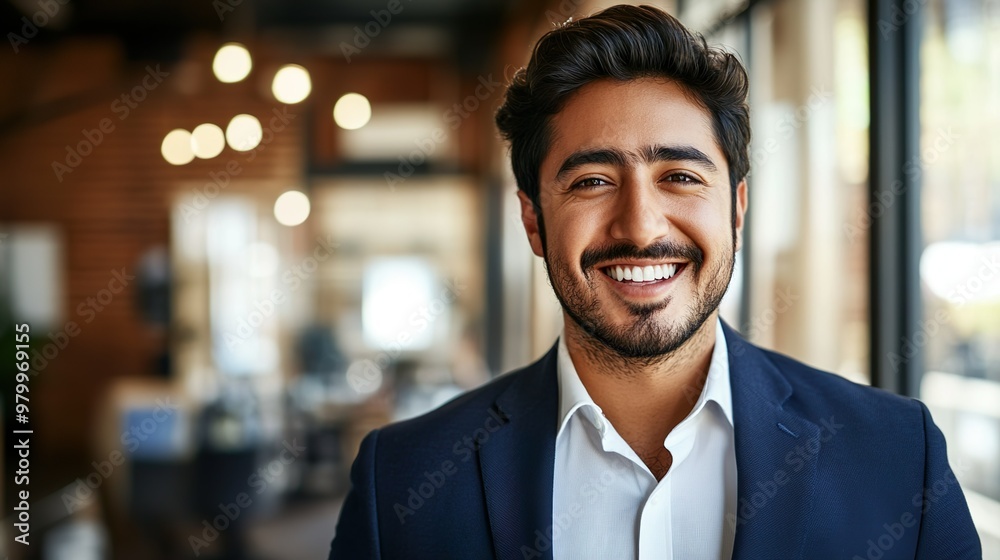 Obraz premium Smiling Business Executive Wearing Formal Suit Standing In Bright Modern Office 
