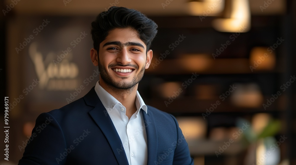 Obraz premium Confident Young Businessman Smiling In Corporate Office Setting Professional Portrait
