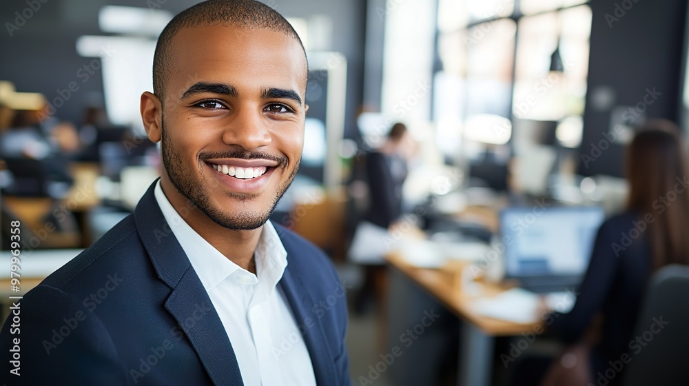 Obraz premium Successful Businessman Smiling Confidently in Formal Attire Posing in Modern Corporate Office Space