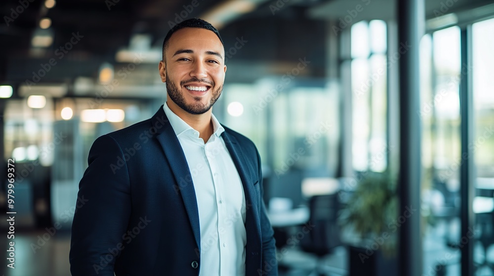 Fototapeta premium Smiling Male Business Professional in Stylish Office Attire Confidently Posing in Corporate Setting