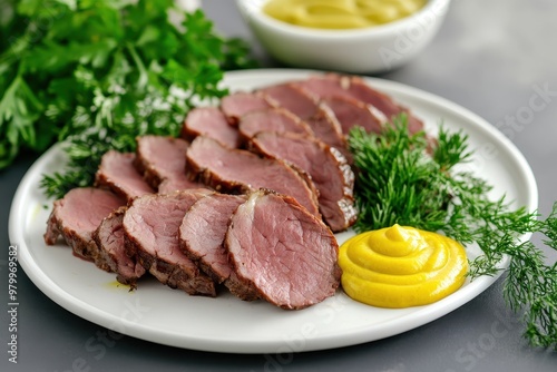 Boiled beef tongue slices with mustard on plate photo