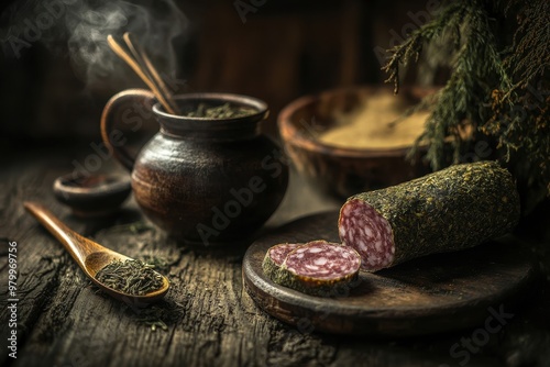 Brazilian chimarrão with yerba mate in rustic setting with Araucária pine trees and smoked salami photo