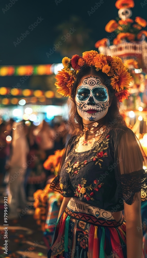 Traditional Day of the Dead Celebration with Woman in Elaborate Face Paint and Flower Crown Traditional Day of the Dead Celebration with Woman in Elaborate Face Paint and Flower Crown