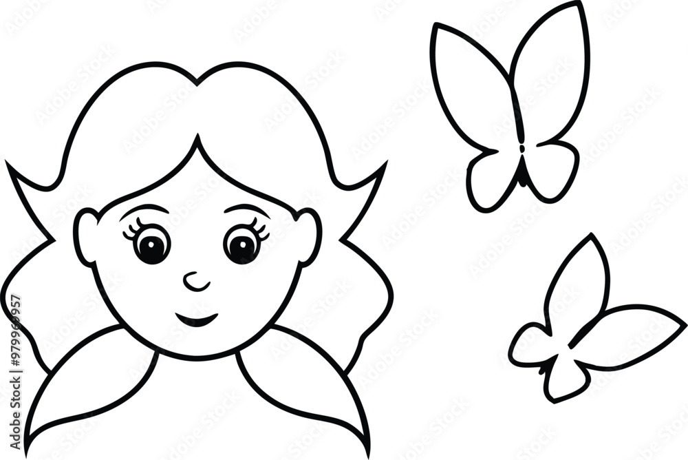 Obraz premium Kids Coloring Vector of Child with Two Butterflies in Cute Design 