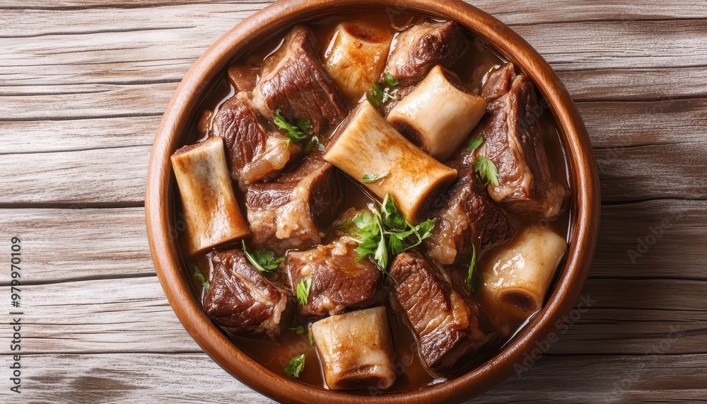 Fototapeta premium Bulalo a Filipino beef stew with marrow bones in a bowl on the table viewed from above