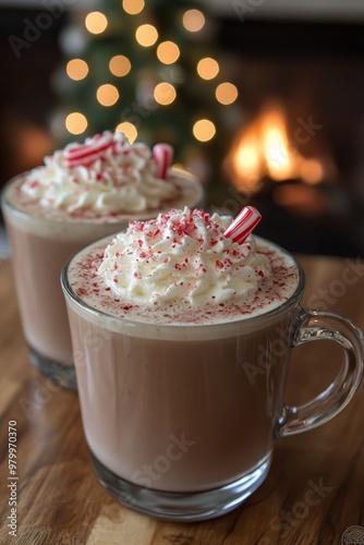 Hot Chocolate with Marshmallows: A close-up of a cup of hot chocolate topped with whipped cream and marshmallows. Placed on wooden table next to Christmas decorations, fairy lights, and candy canes.