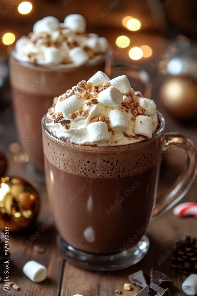 Hot Chocolate with Marshmallows: A close-up of a cup of hot chocolate topped with whipped cream and marshmallows. Placed on wooden table next to Christmas decorations, fairy lights, and candy canes. Hot Chocolate with Marshmallows: A close-up of a cup of hot chocolate topped with whipped cream and marshmallows. Placed on wooden table next to Christmas decorations, fairy lights, and candy canes.