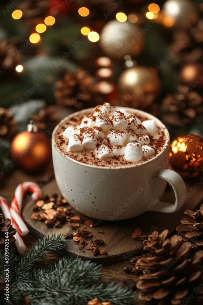Hot Chocolate with Marshmallows: A close-up of a cup of hot chocolate topped with whipped cream and marshmallows. Placed on wooden table next to Christmas decorations, fairy lights, and candy canes. Hot Chocolate with Marshmallows: A close-up of a cup of hot chocolate topped with whipped cream and marshmallows. Placed on wooden table next to Christmas decorations, fairy lights, and candy canes.