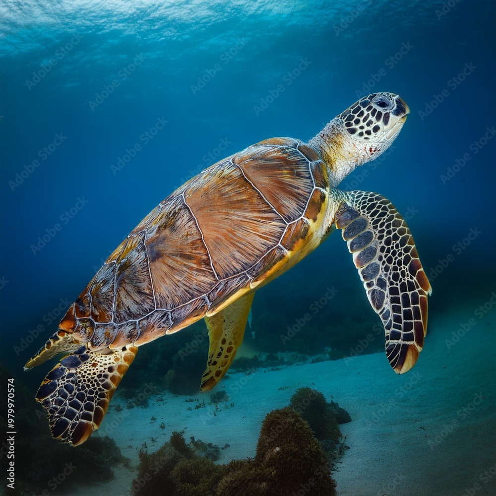 Obraz premium Isolated sea turtle with depth of field capturing textured shell and oceanic grace