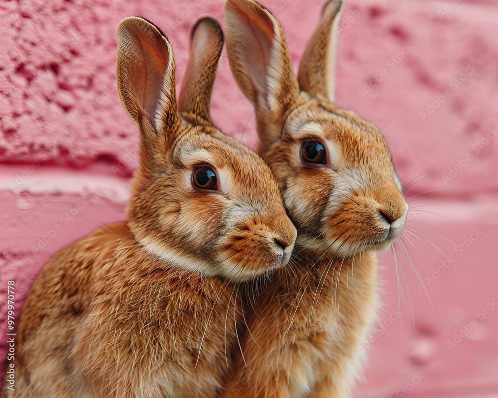 Two adorable rabbits posing for the camera against a soft pastel colored wall background Two adorable rabbits posing for the camera against a soft pastel colored wall background