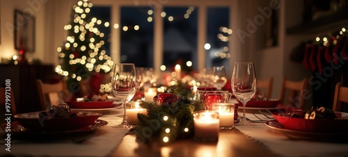 A festive, unoccupied dining room, with a beautifully set table featuring Christmas-themed dishes