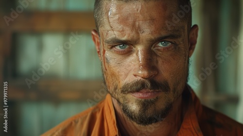 Intense portrait of a rugged man with striking blue eyes in an orange shirt, illuminated by soft light in an abandoned setting