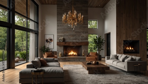 Luxurious modern living room with fireplace and large chandelier