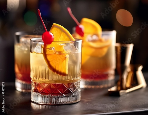 Classic cocktail garnishes with depth of field featuring citrus twists and maraschino cherries photo