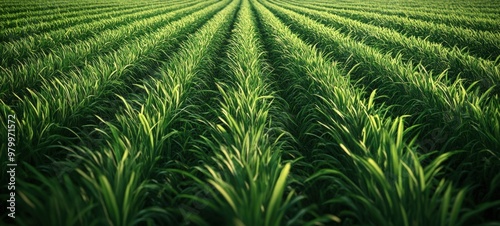 A field of biomass energy crops, with neatly arranged rows of tall, green plants