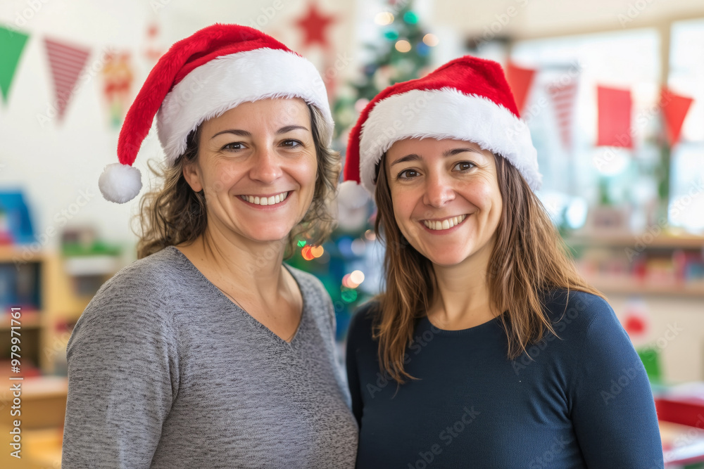 young female teachers wearing Santa Claus hats in elementary classroom with Christmas decorations professional photography soft shadows and sharp focus young female teachers wearing Santa Claus hats in elementary classroom with Christmas decorations professional photography soft shadows and sharp focus