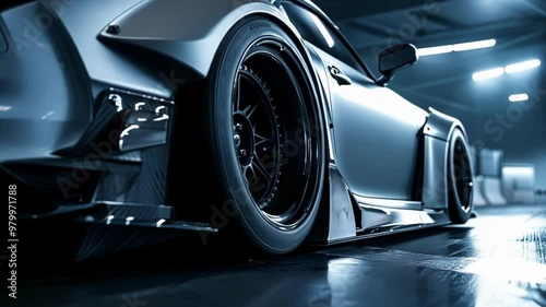 Silver, widebody sportscar is parked inside, showing off its aftermarket parts and design. The car is parked on a clean, polished concrete floor