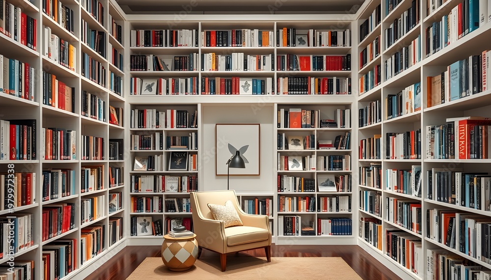 A contemporary home library with floor-to-ceiling bookshelves, a cozy reading nook with a comfortable armchair, and a sleek floor lamp. A contemporary home library with floor-to-ceiling bookshelves, a cozy reading nook with a comfortable armchair, and a sleek floor lamp.
