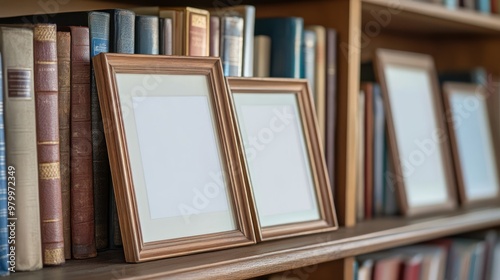 Empty Picture Frames on a Bookshelf