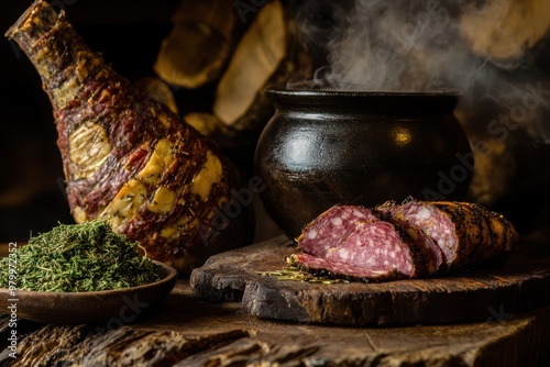 Classic Brazilian chimarrão with mate in rustic setting with Araucária pine trees and salami in dramatic lighting photo