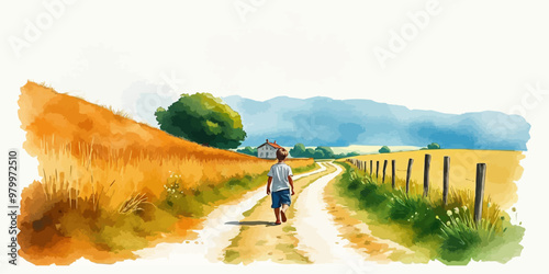 A young child walking alone behind. Watercolor illustration. Digital oil painting vector landscape. Alone boy artwork