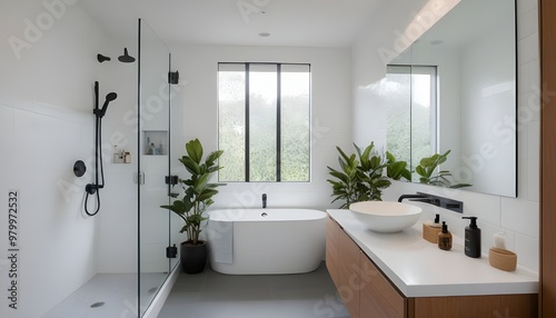 A sleek bathroom with a floating vanity, a frameless glass shower, and clean, white tiles.