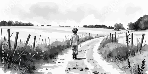 A young child walking alone behind. Watercolor illustration. Digital oil painting vector landscape. Alone boy artwork