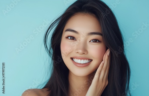 Radiant skincare commercial featuring a smiling woman with flawless complexion on a vibrant backdrop