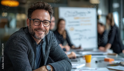 Smiling businessman sitting confidently at a conference table during a productive meeting at the office