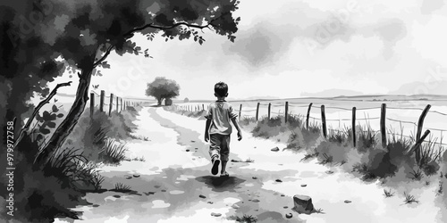 A young child walking alone behind. Watercolor illustration. Digital oil painting vector landscape. Alone boy artwork