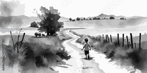 A young child walking alone behind. Watercolor illustration. Digital oil painting vector landscape. Alone boy artwork