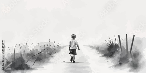 A young child walking alone behind. Watercolor illustration. Digital oil painting vector landscape. Alone boy artwork