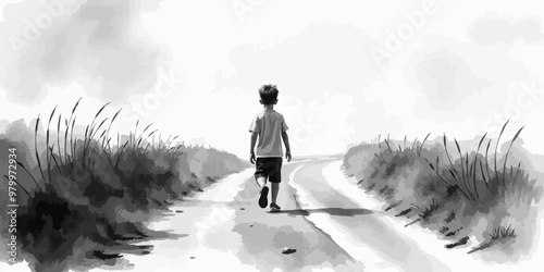 A young child walking alone behind. Watercolor illustration. Digital oil painting vector landscape. Alone boy artwork