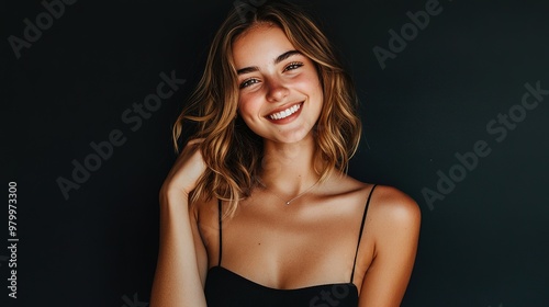 Black crop top and casual style worn by a confident young woman