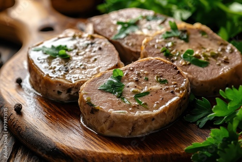 Close up of veal tongue with parsley on rustic wooden board