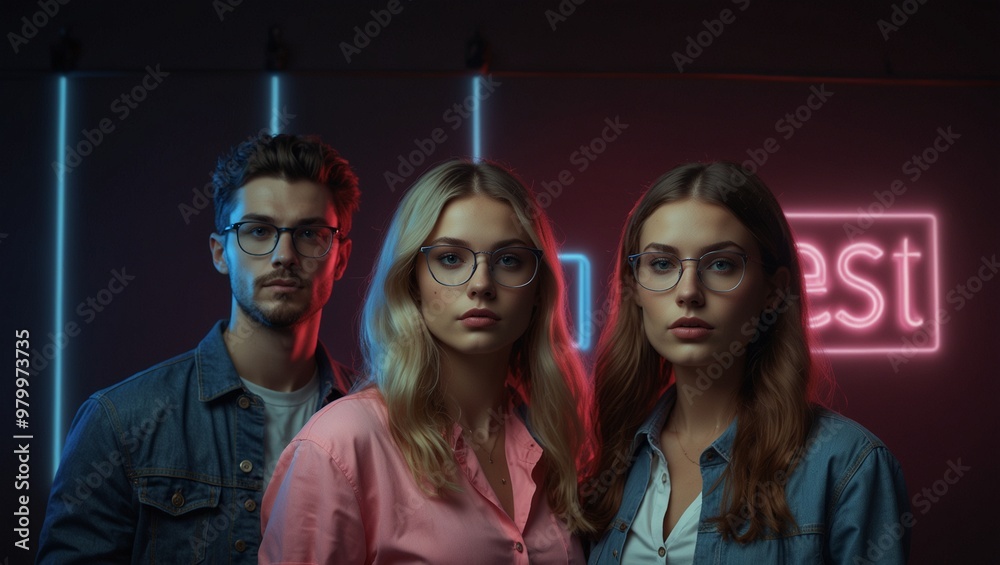Fototapeta premium Trendy group of three wearing glasses in a neon-lit setting