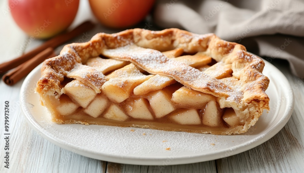 Closeup of classic apple pie slice on white table Closeup of classic apple pie slice on white table