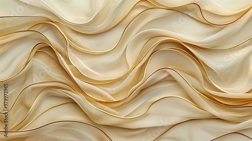 Abstract cream and gold flowing waves in a smooth, elegant fluid design.